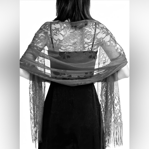 New Shawl Solid Black Tassel Embroidered Sheer Kimono Festival Beach Cover Up - Picture 3 of 13